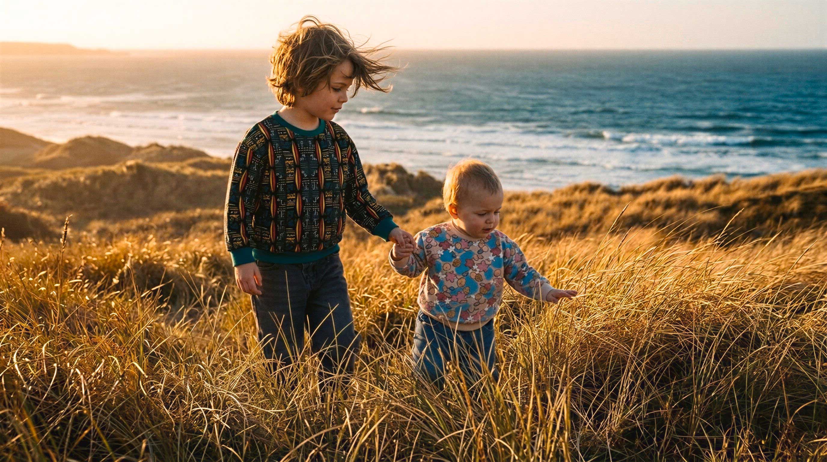 Two children walking hand in hand through tall golden grass on a beach dune with the ocean and sunset in the background.