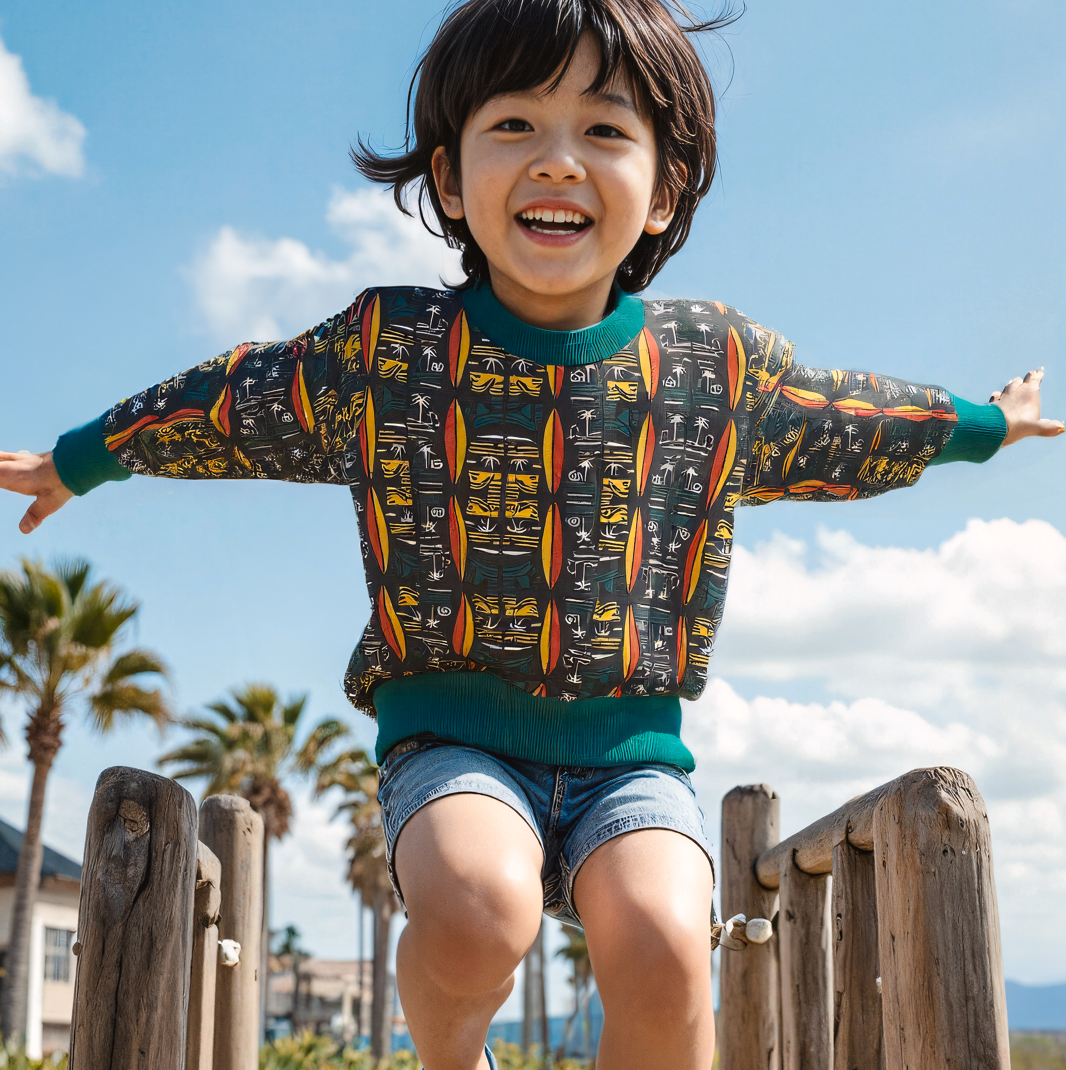 Child jumping on a wooden playground structure with palm trees and blue sky in the background