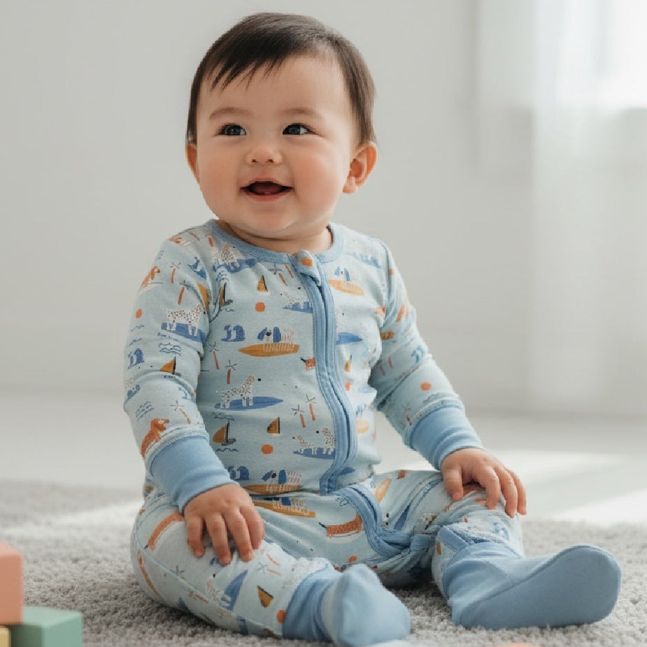 Baby sitting on a carpeted floor wearing a blue onesie with boat pattern, surrounded by colorful blocks and a book.