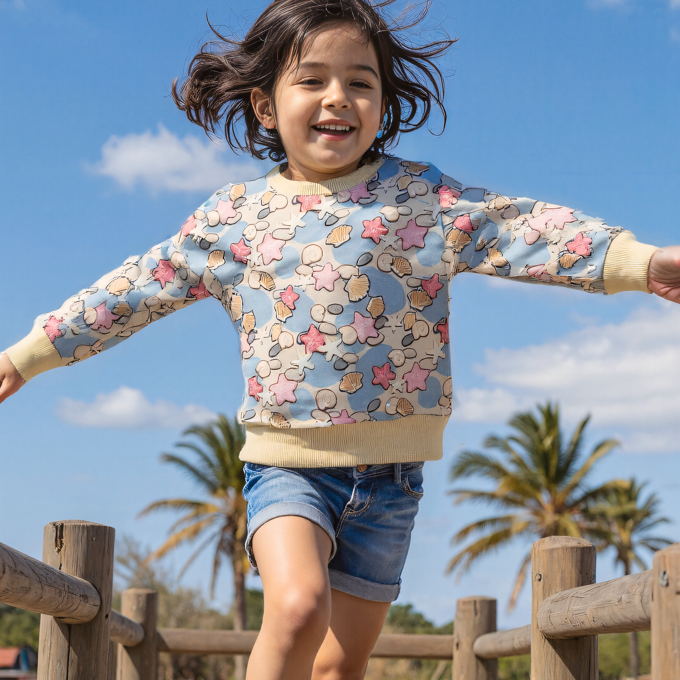 Child jumping on a wooden structure at the beach with palm trees in the background