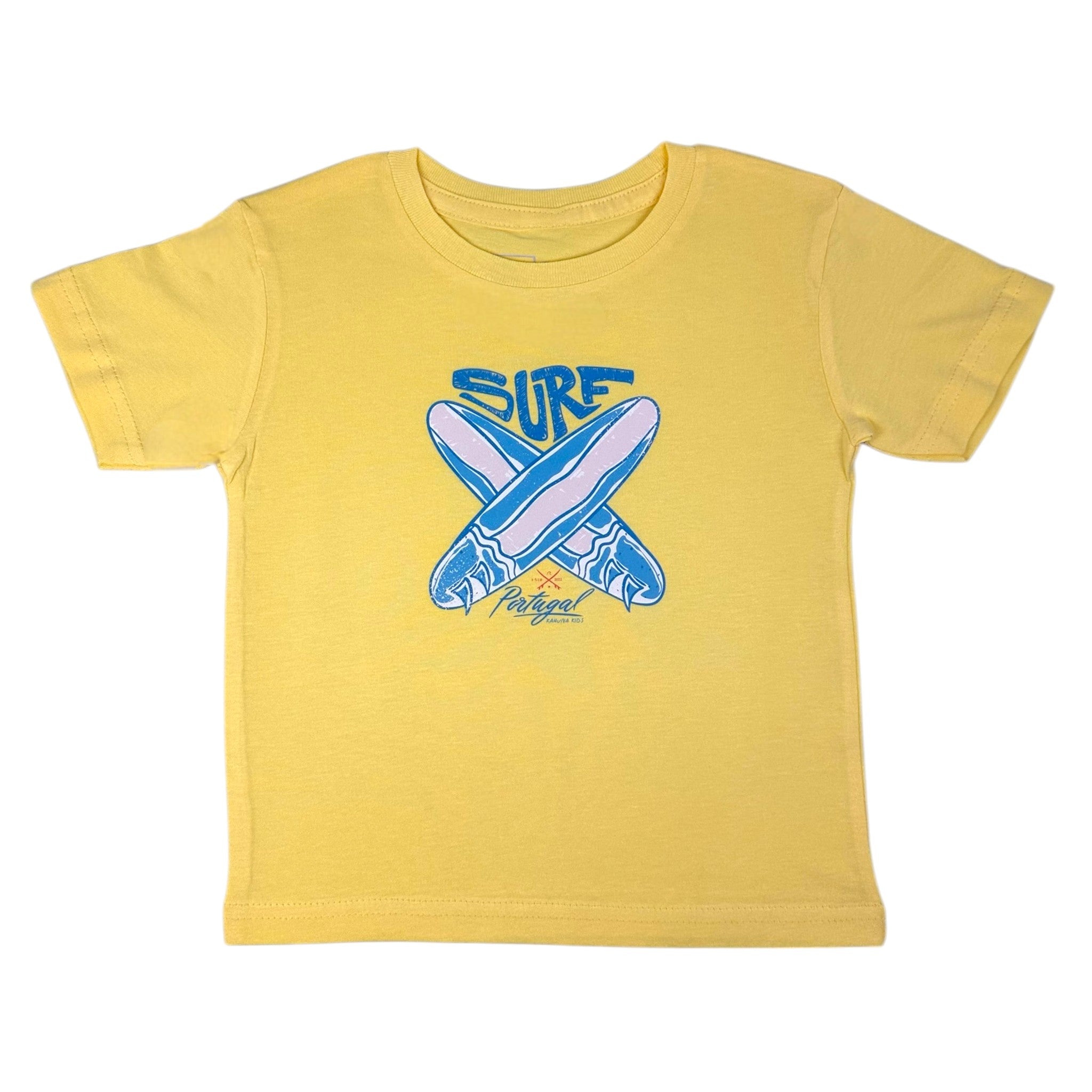 Yellow t-shirt with blue surf design on a white background