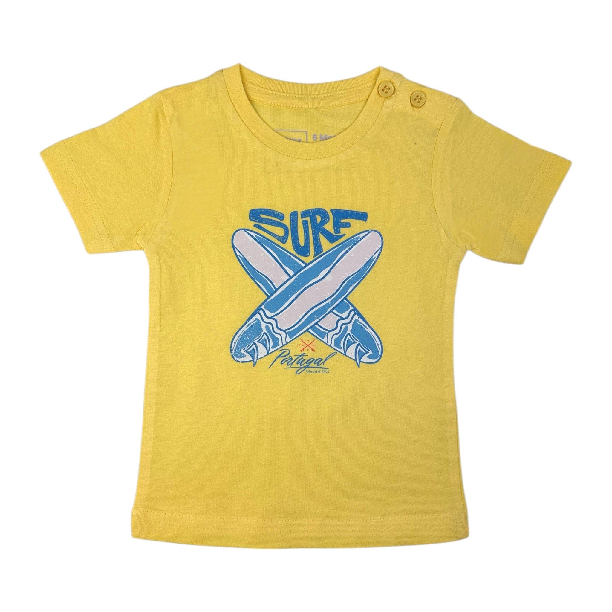 Yellow t-shirt with blue surfboard design and text on a white background