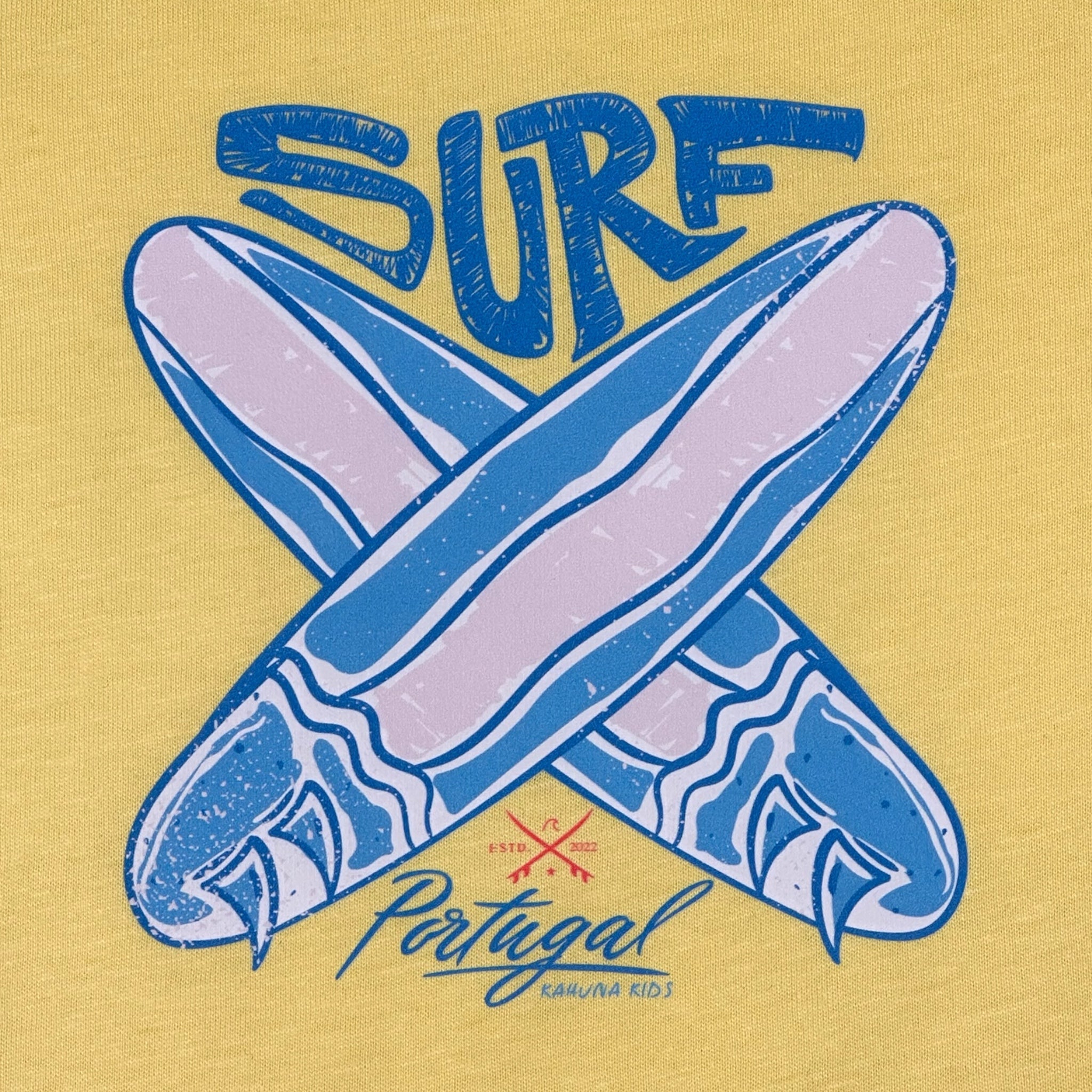 Two blue surfboards crossed over each other with 'Surf Portugal' text on a yellow background