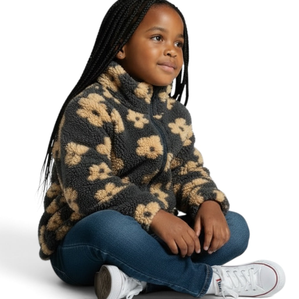 Beige Flower Zip Fleece Jacket