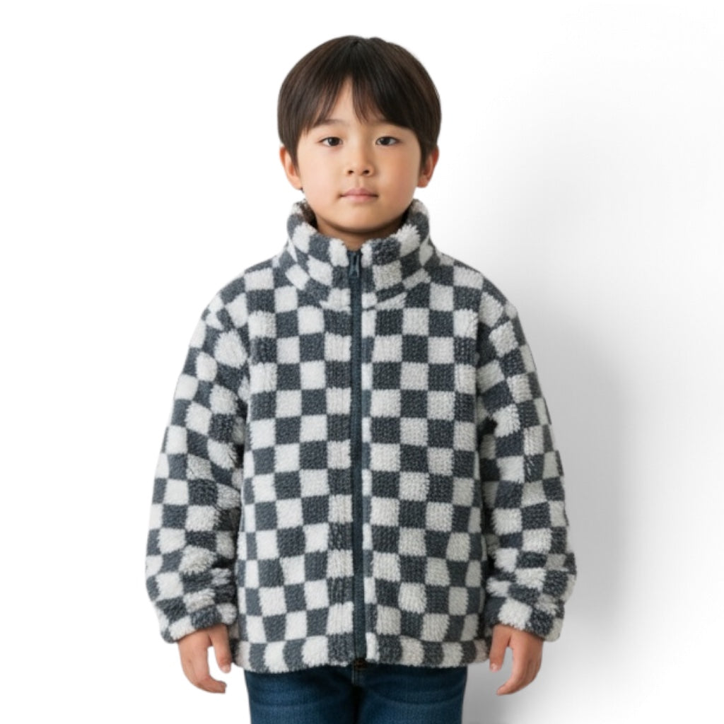 Grey Chequered Zip Fleece Jacket