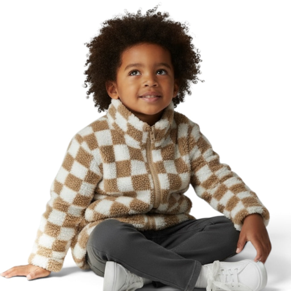 Beige Chequered Zip Fleece Jacket