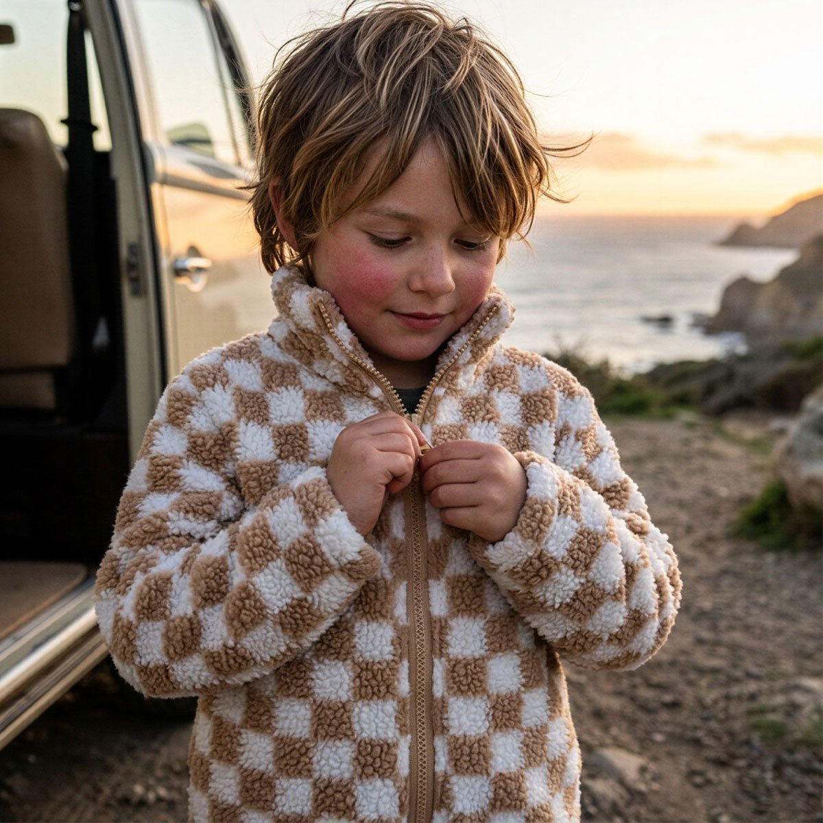 Beige Chequered Zip Fleece Jacket - Kahuna Kids