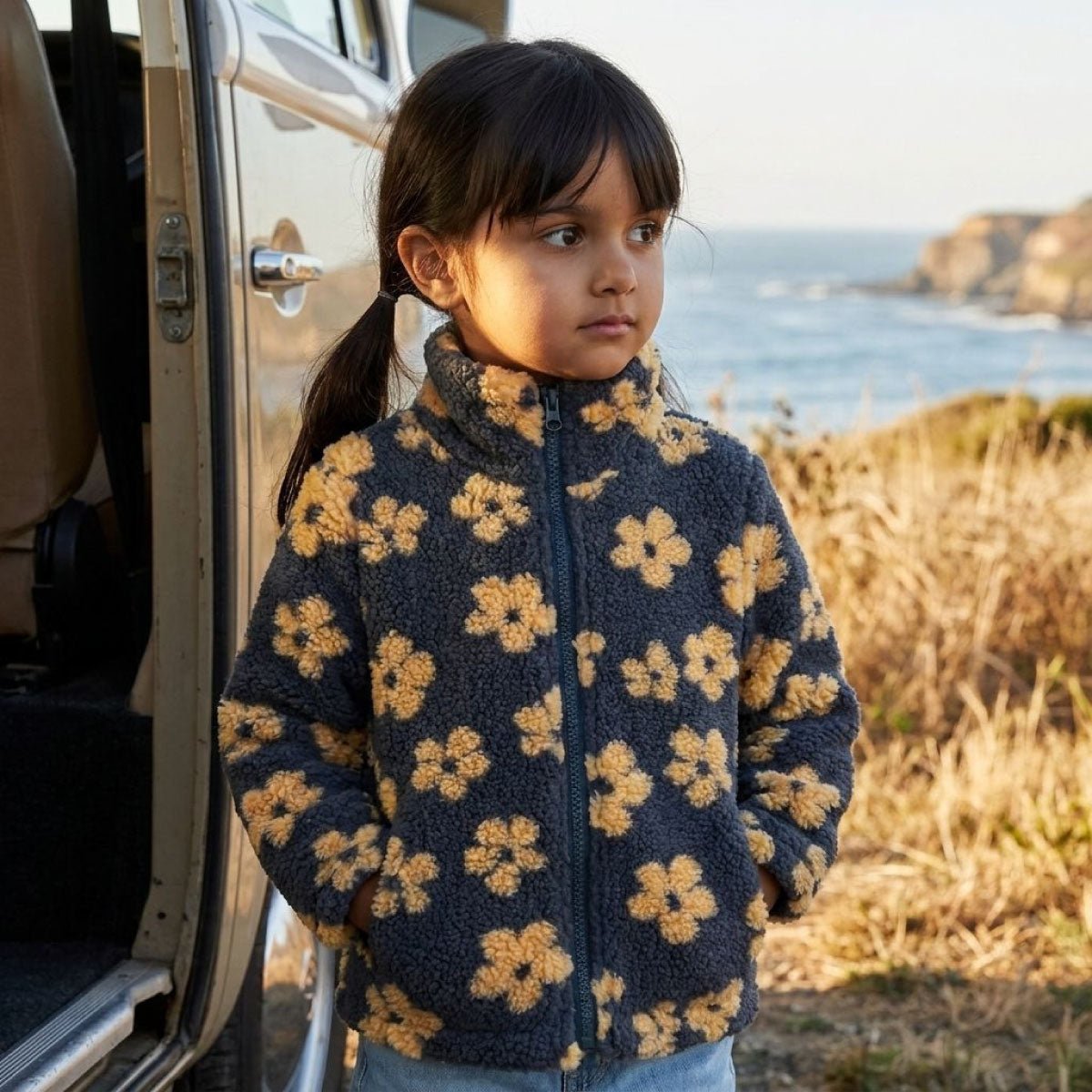 Beige Flower Zip Fleece Jacket - Kahuna Kids