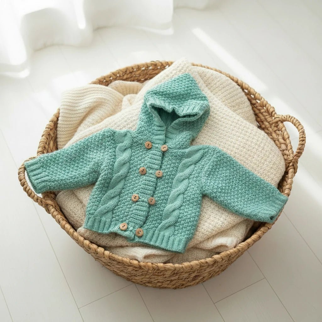 Kahuna Kids hooded cable-knit baby cardigan in mint green with wooden buttons, displayed in a woven basket.