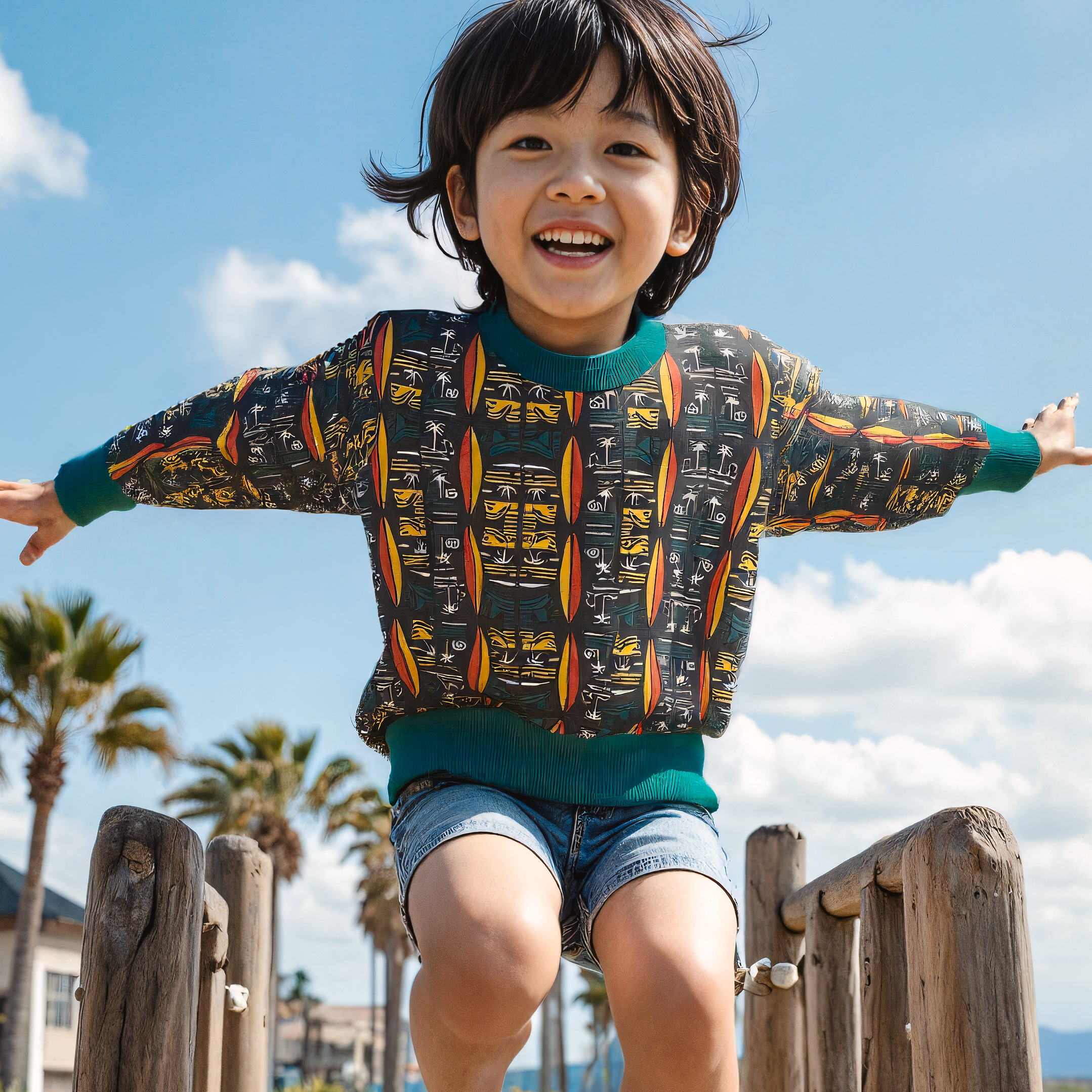 Child jumping on a wooden playground structure with palm trees and blue sky in the background