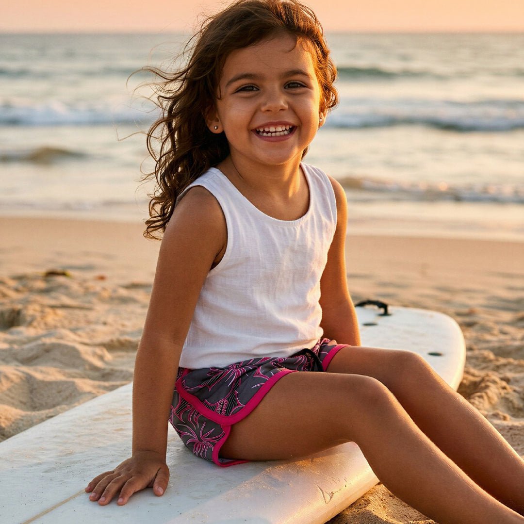 Grey Hibiscus Premium Boardshorts - Kahuna Kids