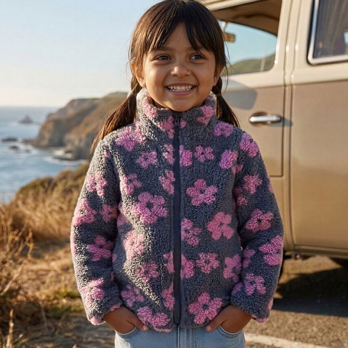 Pink Flower Zip Fleece Jacket - Kahuna Kids