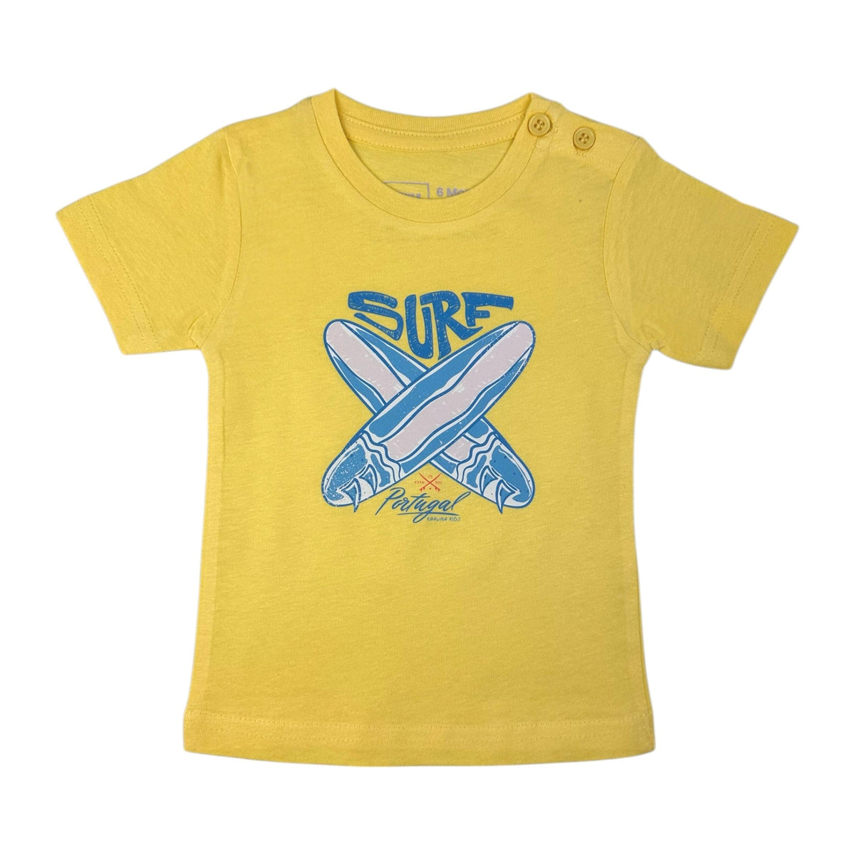 Yellow t-shirt with blue surfboard design and text on a white background