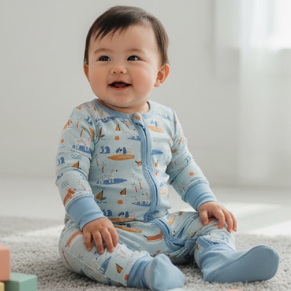 Baby sitting on a carpeted floor wearing a blue onesie with boat pattern, surrounded by colorful blocks and a book.