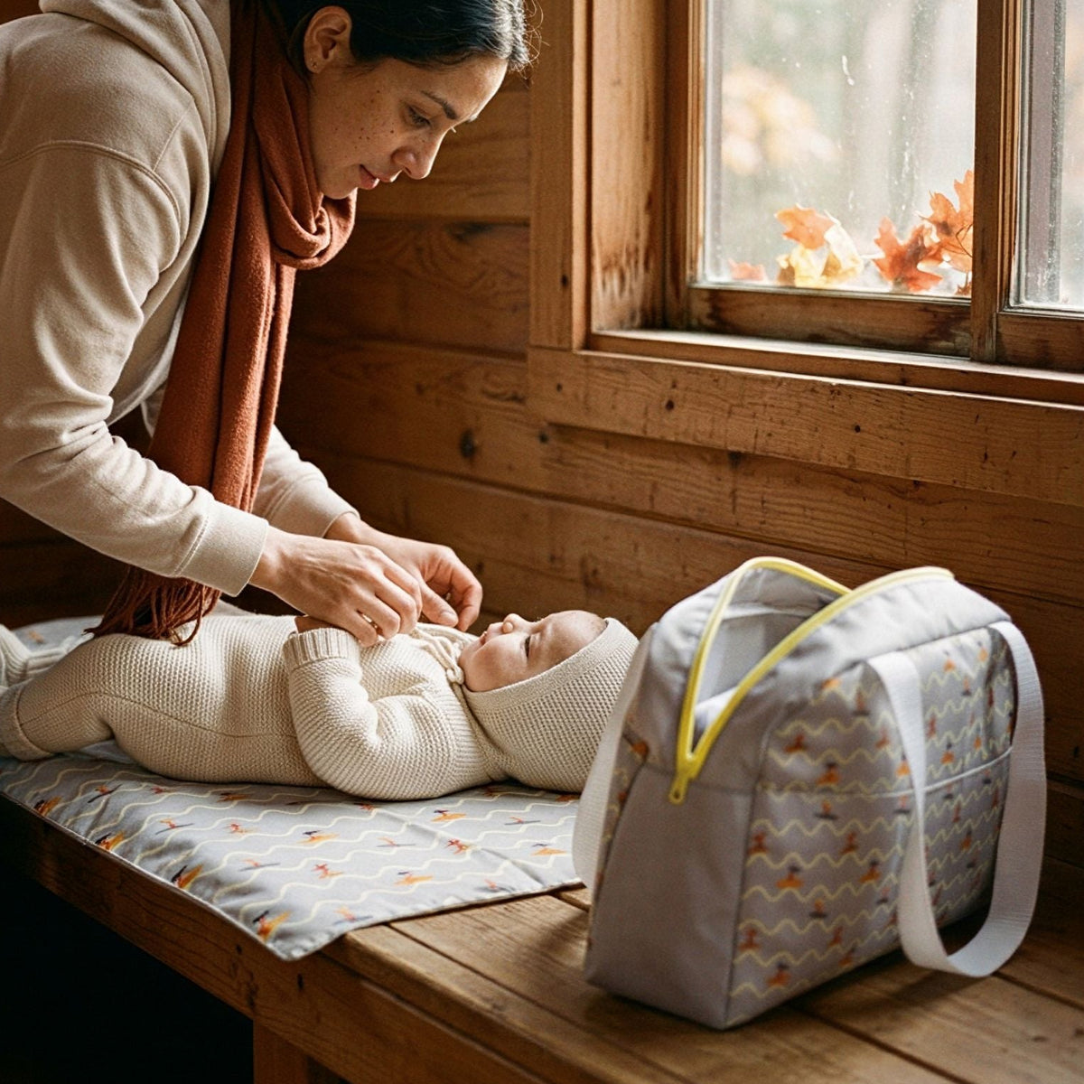 A woman in a beige hoodie and rust scarf attends to a baby lying on a changing pad on a wooden bench, with a light gray patterned diaper bag beside her in a rustic wood cabin setting.
